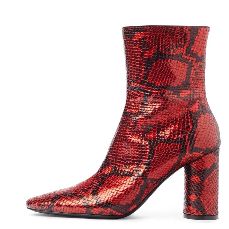 TAAFO Red Snakeskin Woman Ankle Boots Round Toe Female Booties Zipper High Heels Ladies Shoes 