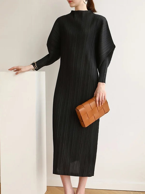 Original Creation Loose Long Sleeves Pleated Solid Color High-Neck Midi Dresses