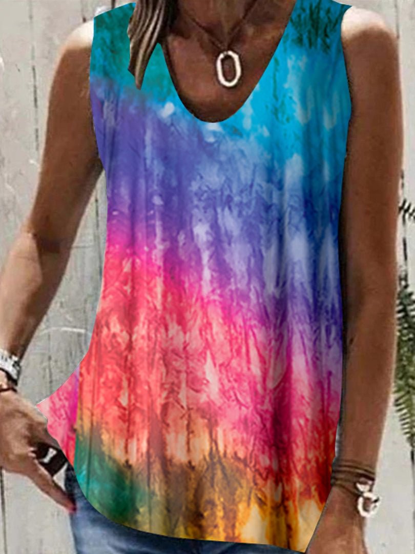 Women Sleeveless V-neck Printed Colorblock Top
