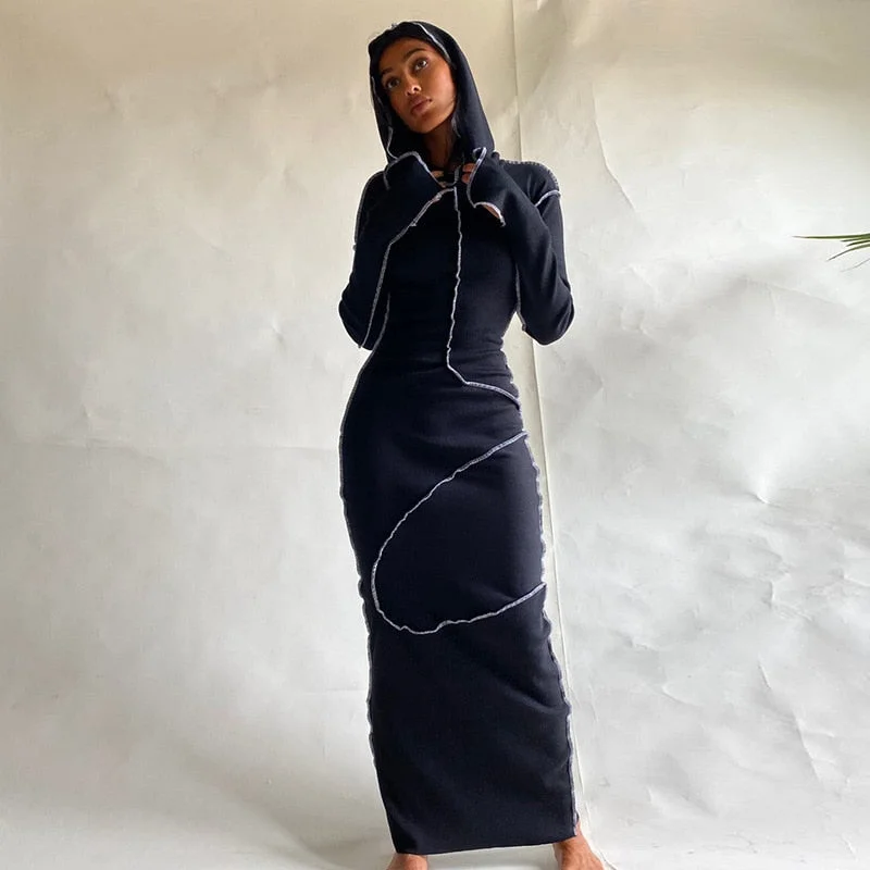 2020 Long Sleeve Hooded Patchwork Skinny Maxi Dress Autumn Winter Women Fashion Streetwear Casual Outfits
