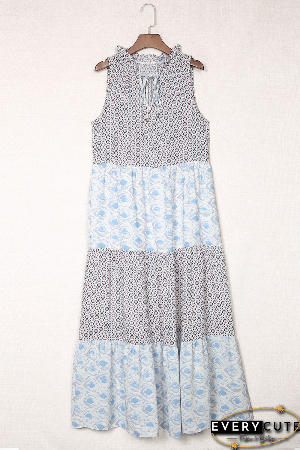 Sky Blue Abstract Print Split Neck Sleeveless Maxi Dress