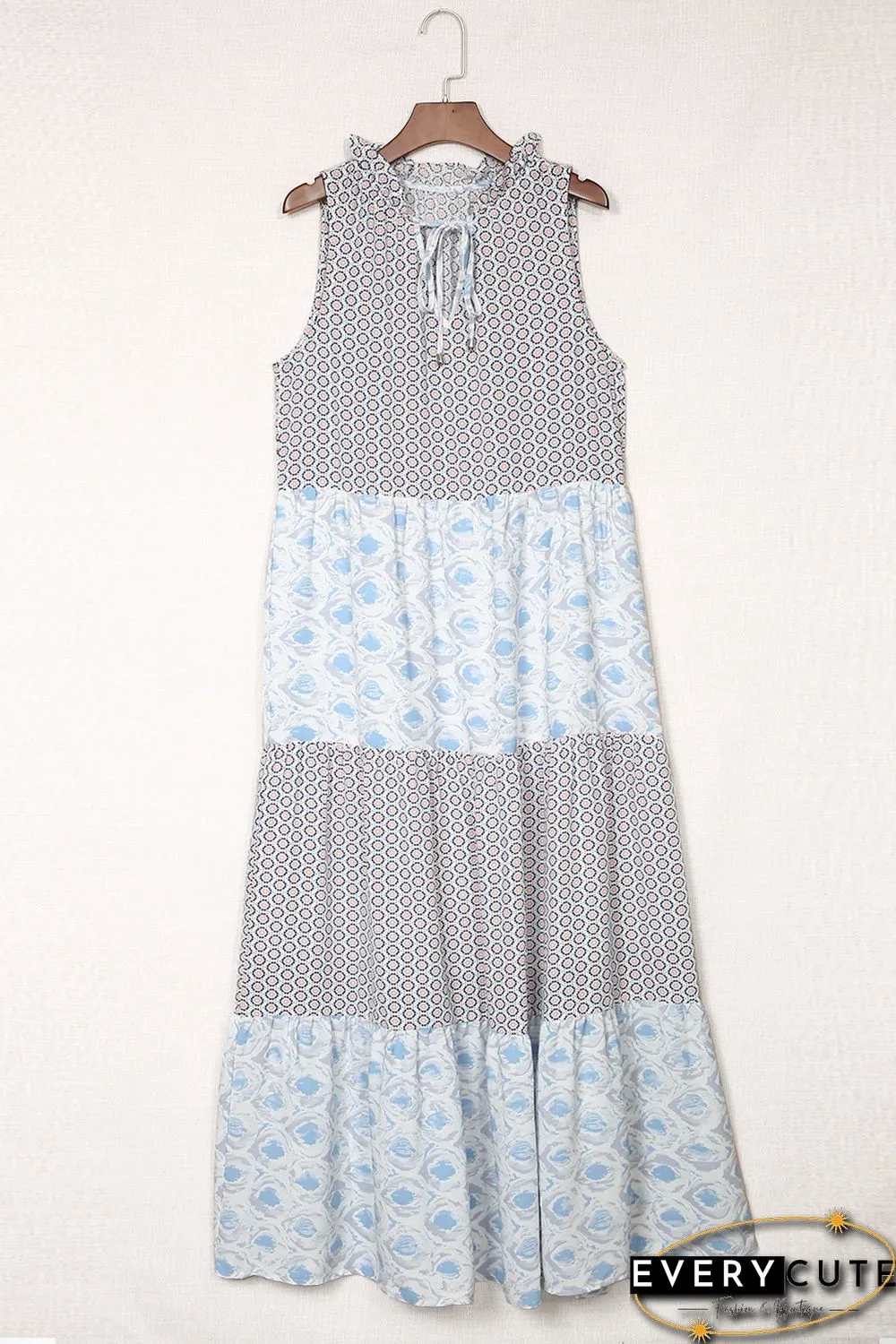 Sky Blue Abstract Print Split Neck Sleeveless Maxi Dress