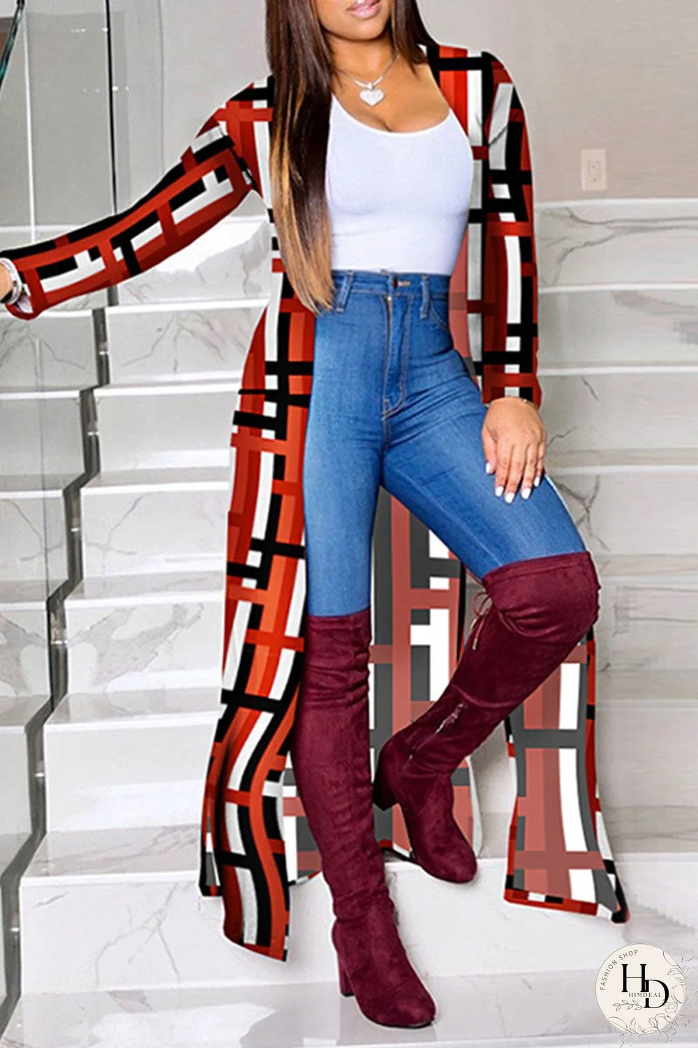 Red Casual Geometric Print Patchwork Plus Size Overcoat