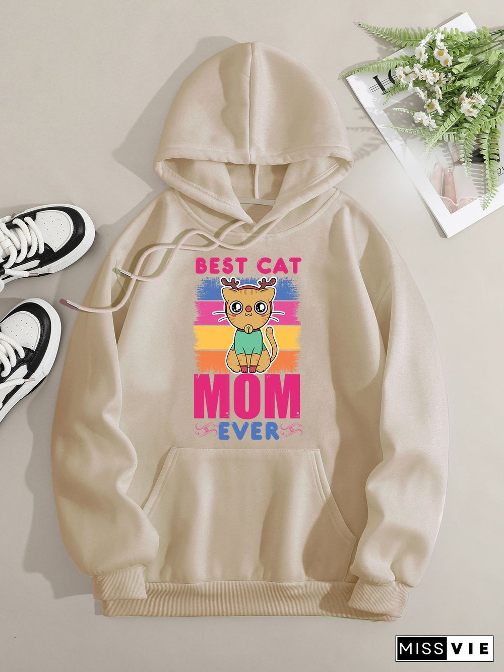 Printed on front Kangaroo Pocket Hoodie Long Sleeve for Women Pattern  Best Cat Mom Ever