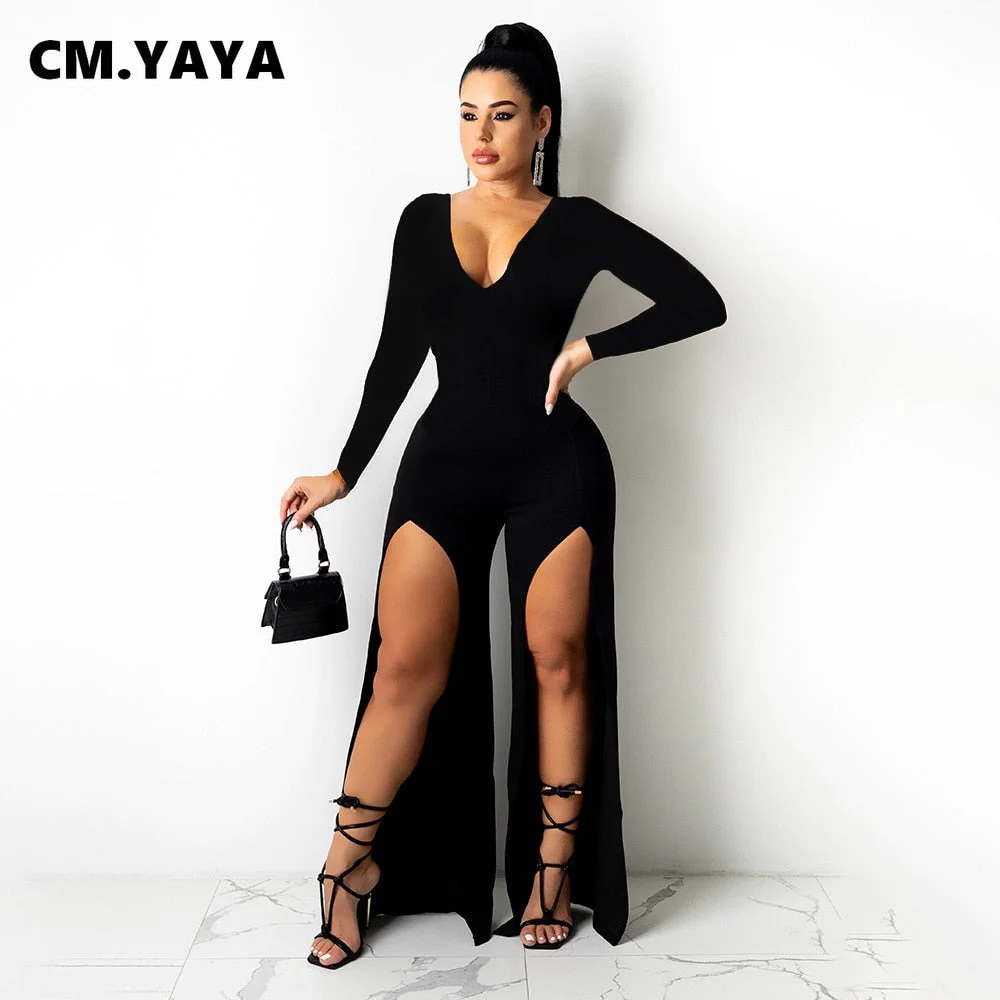 CM.YAYA Women Jumpsuit Solid Full Sleeve V-neck Stretchy Bodycon Skinny Splited Wide Leg Jumpsuits Fashion Outfits Autumn 2021