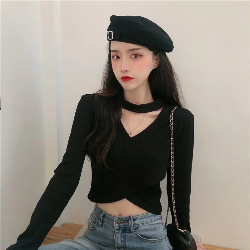 Knitted T Shirt Women Sexy Crop Top Long Sleeve Cross Korean Fashion Soild Color Black White Basic Tshirt Club Party Clothes