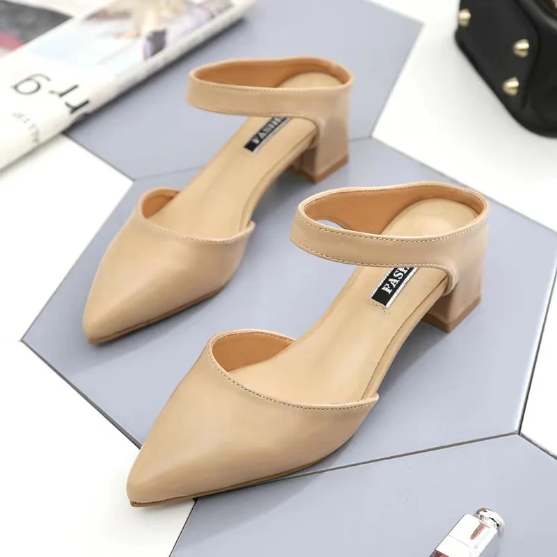 Breakj Breakj Spring And Summer Korean Version Of The Bag Head With Cold Slippers Female Pointed Word Thick Heel Half-Slippers High Heels Thin