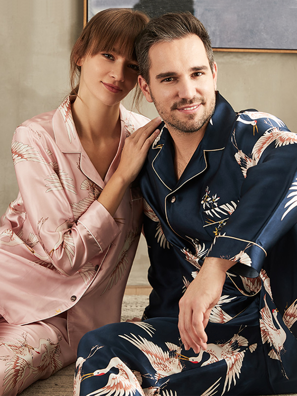 Pyjama long luxieux en soie à motif de grue pour couple- SOIE PLUS