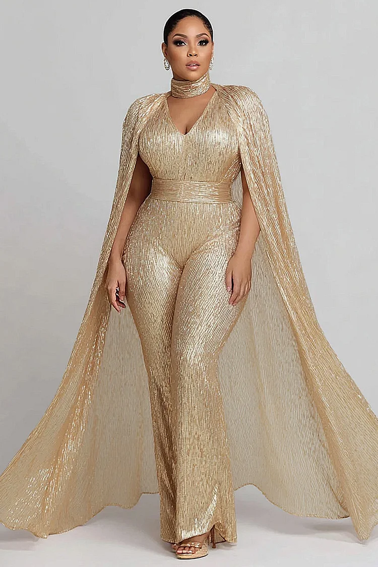 Xpluswear Design Plus Size Formal Champagne V Neck Cape Sleeve Elegant Jumpsuits 2024 - Xpluswear