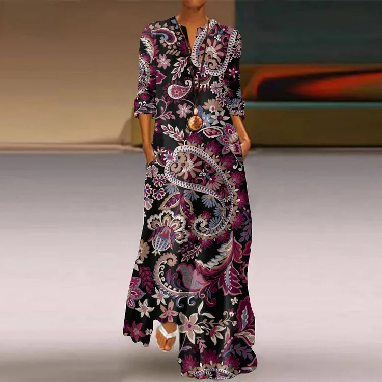 Vintage Ethnic Black Mauve Paisley Geometric Pattern Printed Flowy Maxi Dress