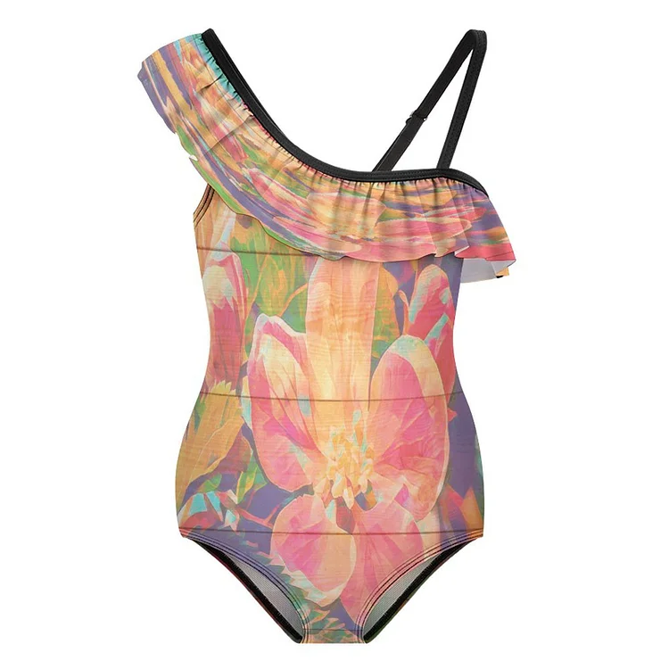 Floundered One-piece Swimsuit for Girls Oil Painting, Flowers, Wood Engraving