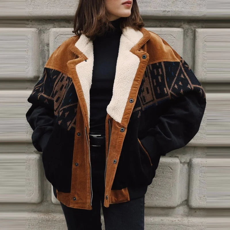 Women Retro Graphic Suede Fleece Jacket Coat、、URBENIE
