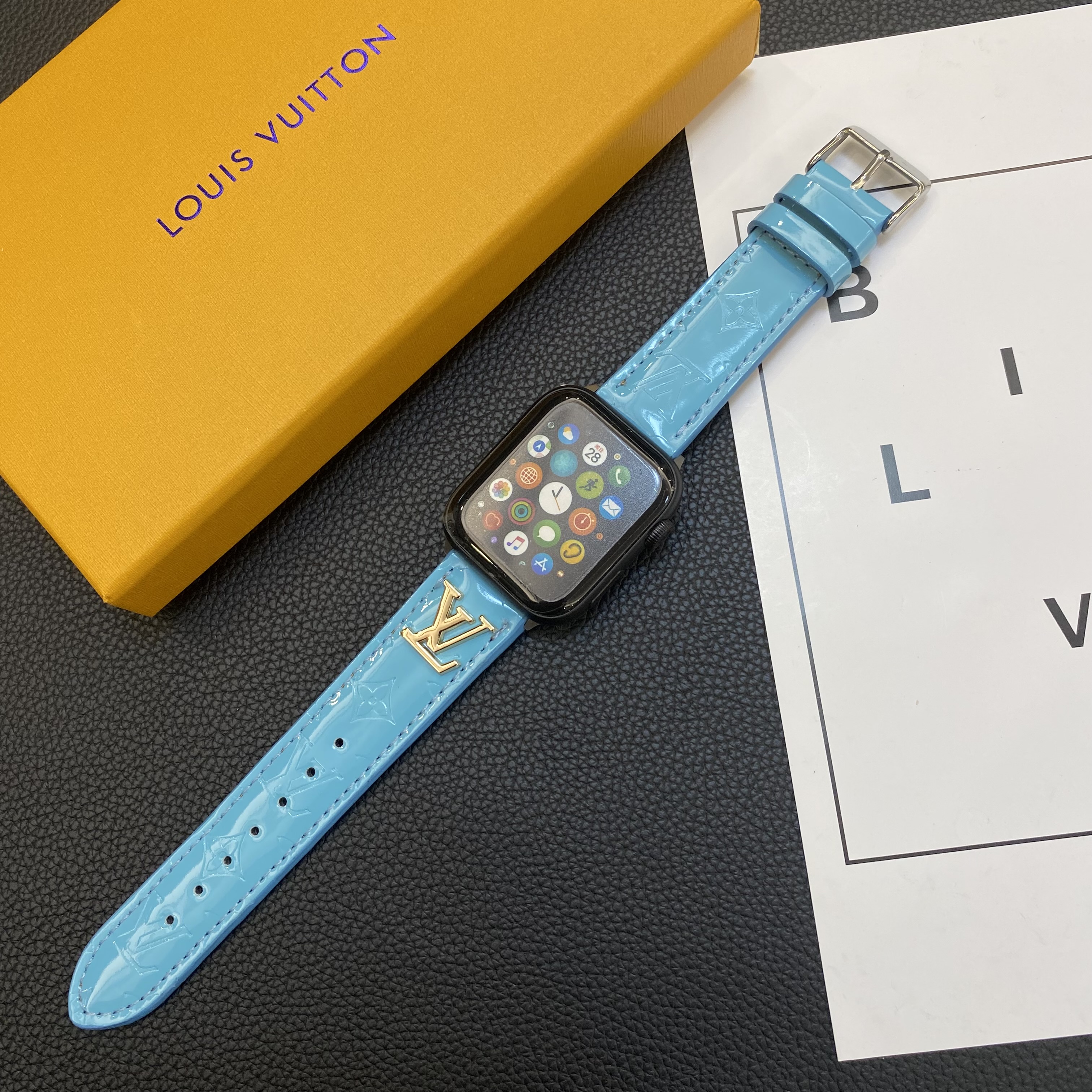 LV Glossy Leather Apple Watch Strap Luxury Metal Logo