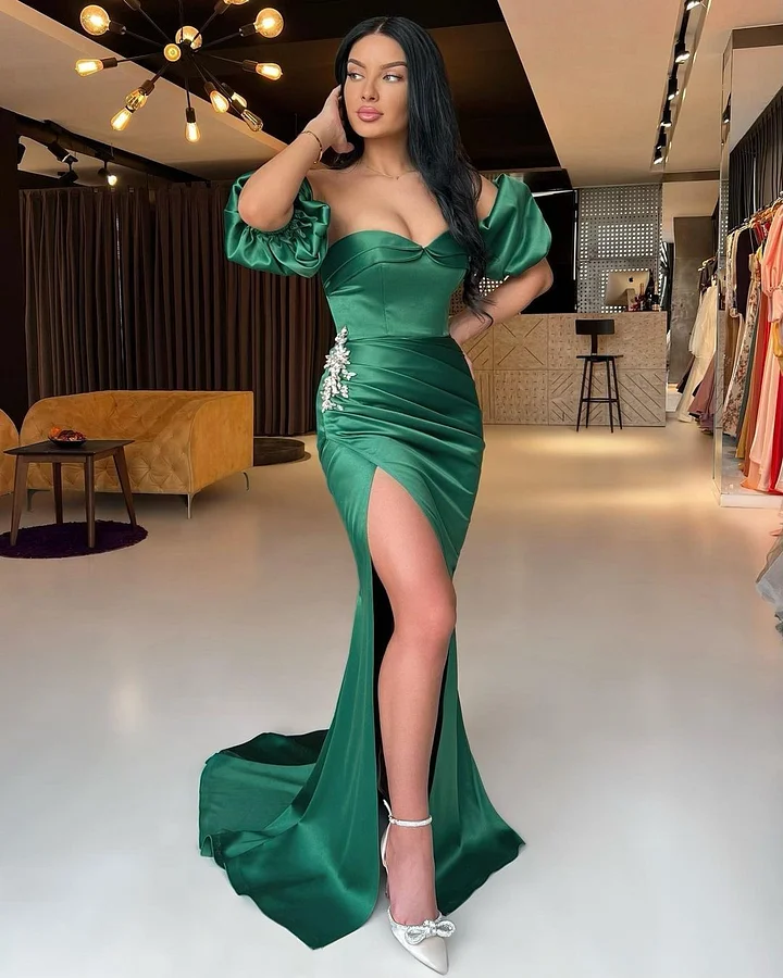 Luluslly Emerald Green Mermaid Prom Dress Long Split With Detachable Sleeves