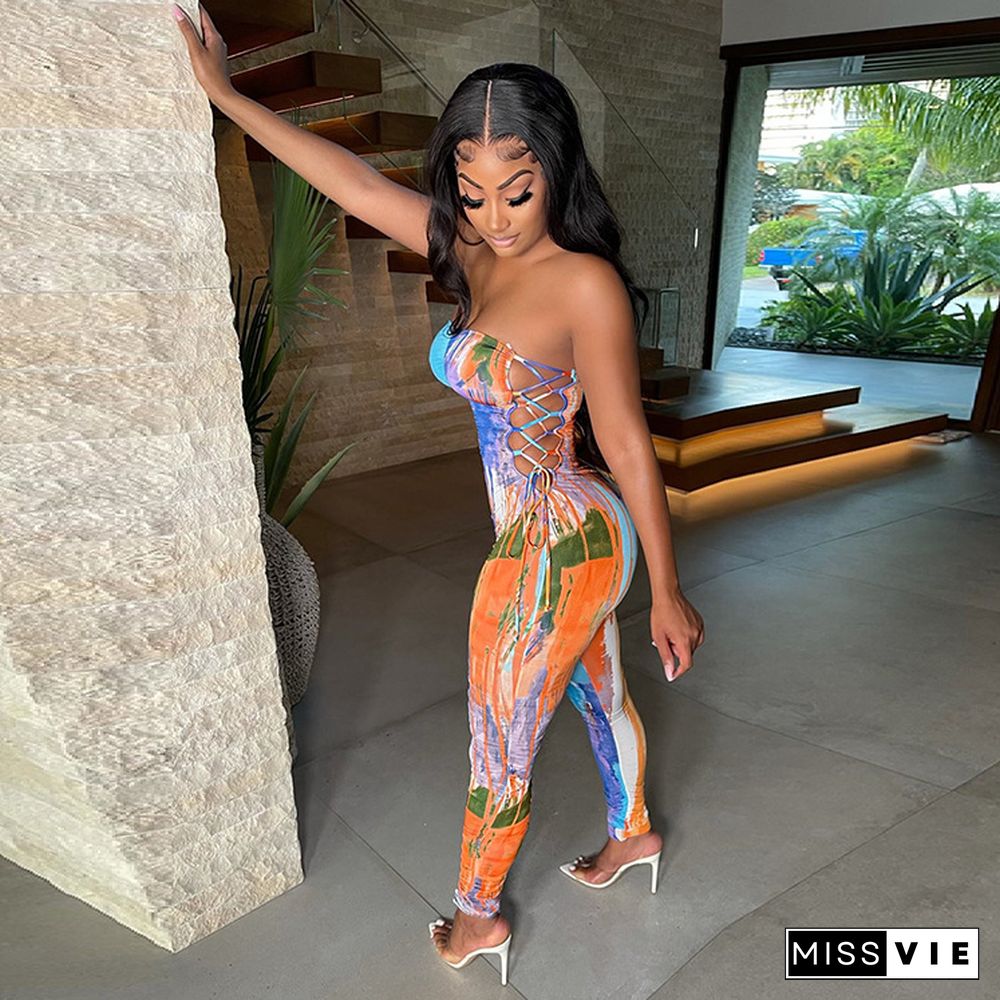 Sexy Strapless Print Lace-up Jumpsuit