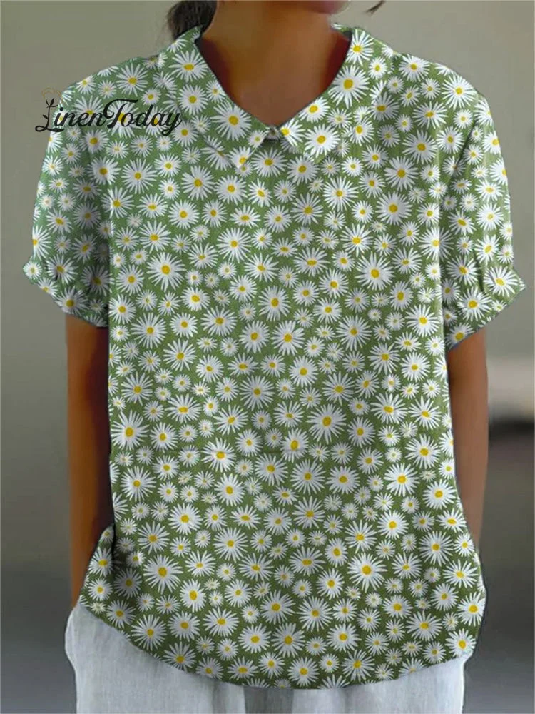 Women's Lovely Daisy Art Print Casual Cotton And Linen Shirt