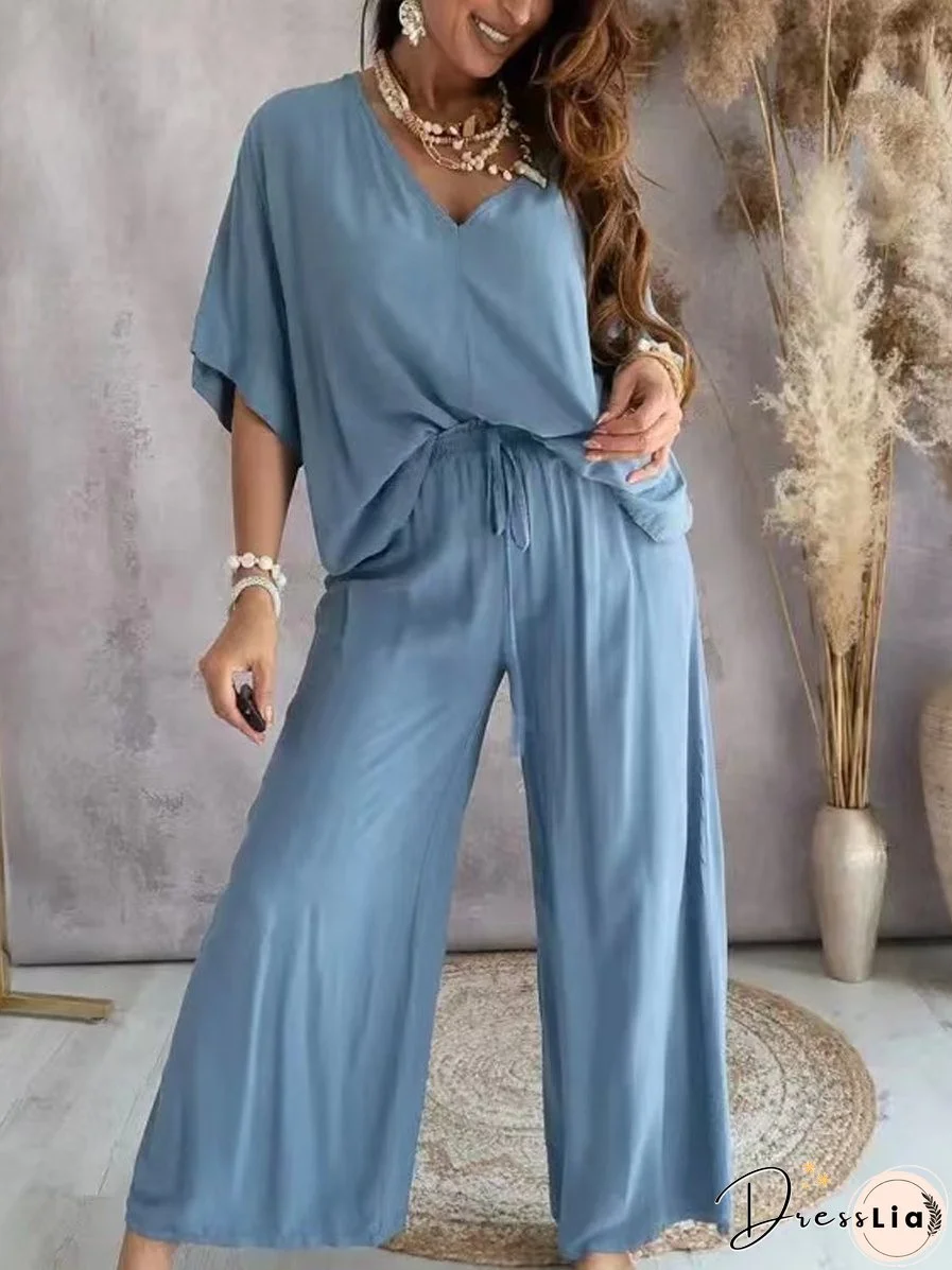 V-Neck Bat Sleeve T-Shirt Wide-Leg Pants Set