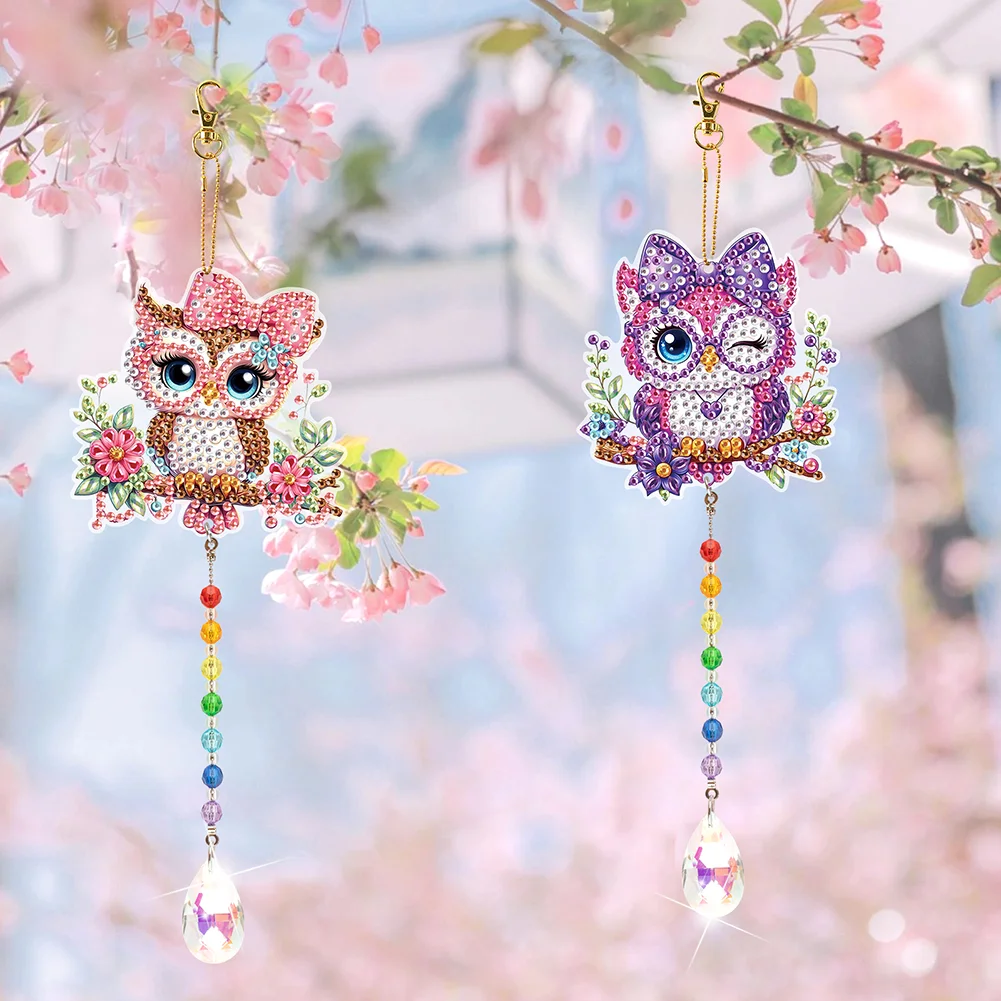 2Pcs 5D DIY Diamond Painting Sun Catcher Crystal Painting Ornaments (Owl)