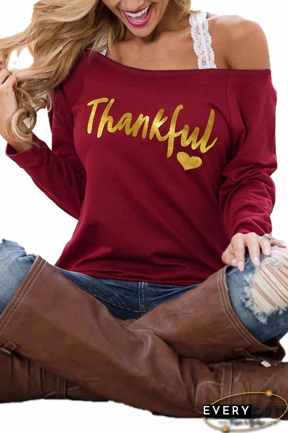 Burgundy THANKFUL Print Off Shoulder Long Sleeve Top without Strap