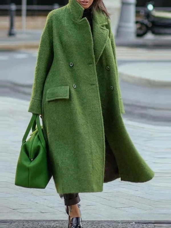 Long sleeve lapel coat solid color woolen long coat
