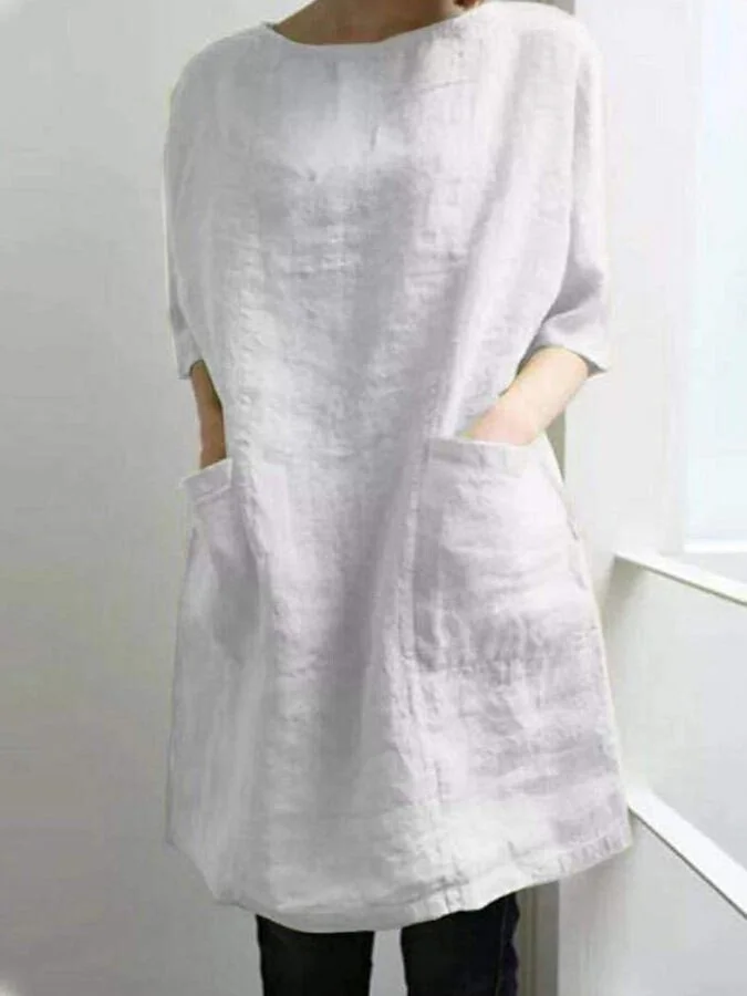 Ladies Cotton Linen New Round Neck Pocket Mid Sleeve Dress
