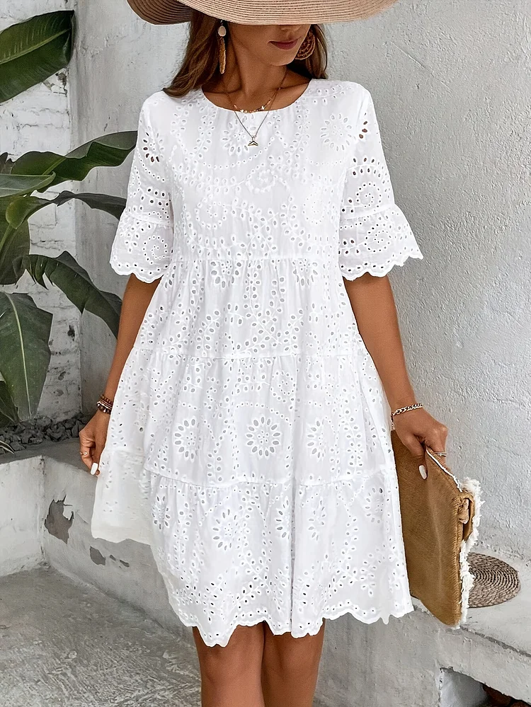 White Polyester Women's Bohemian Style Dress | Embroidered Hollow-Out Design, Round Neckline, Short Sleeves | Machine Washable & Dry Clean Safe, Perfect For Spring/Summer Casual Outing
