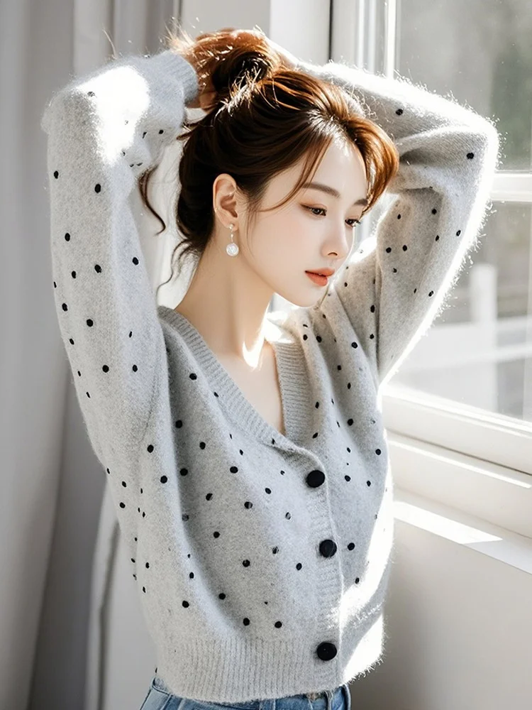 Athvotar Athvotar Fragrant Gray Wave Dot Knitted Cardigan Top Women's 2025 Autumn And Winter New Lazy Casual Sweater Coat
