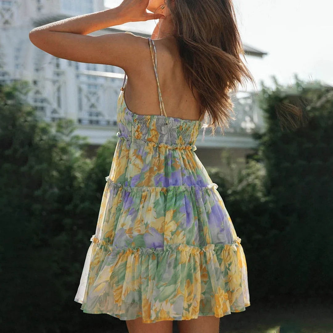 Sexy Chiffon Layer Ruffles Summer Strappy Dress Floral Print Holiday Backless Suspender Mini Dress