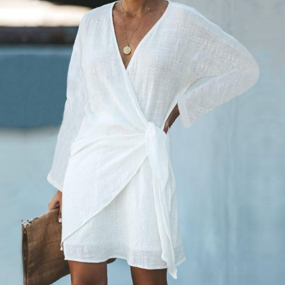 White Long Sleeved Tie Side Wrap Summer Mini Dress