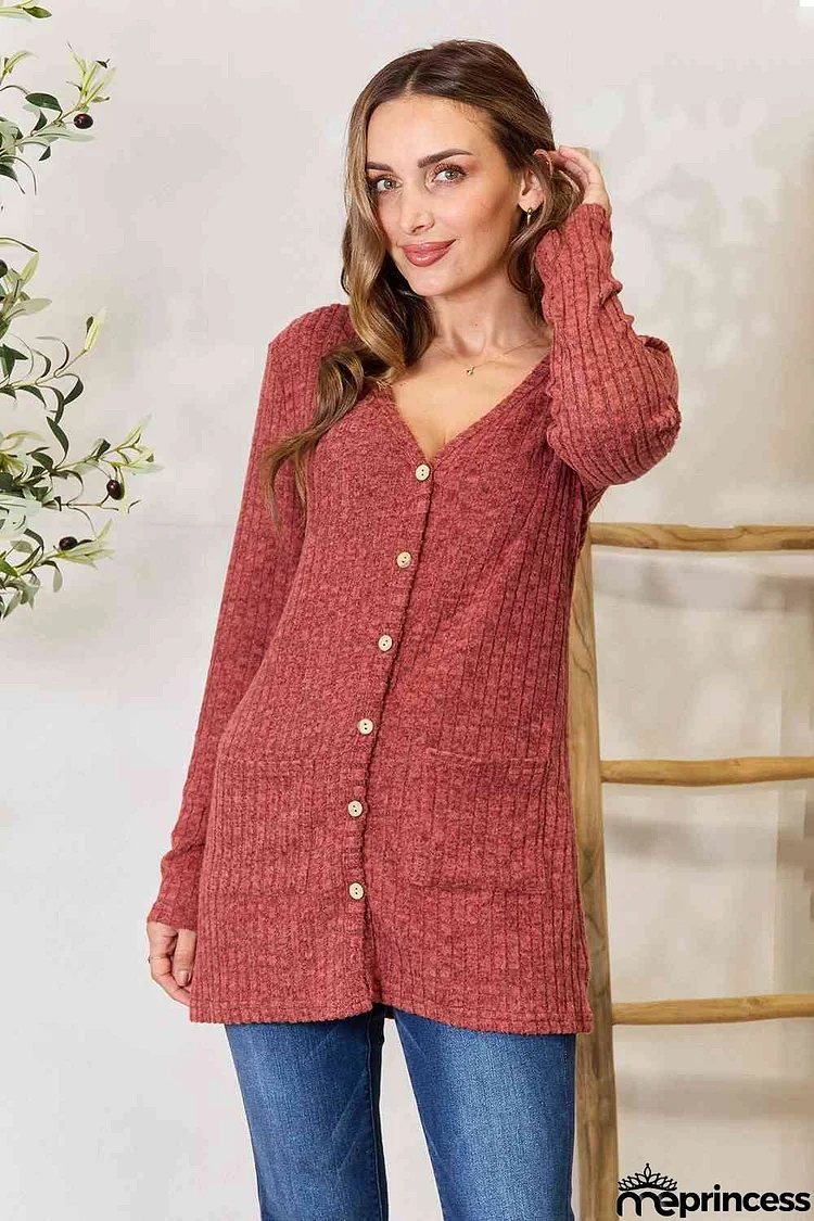 Double Take Ribbed Button-Up Cardigan with Pockets