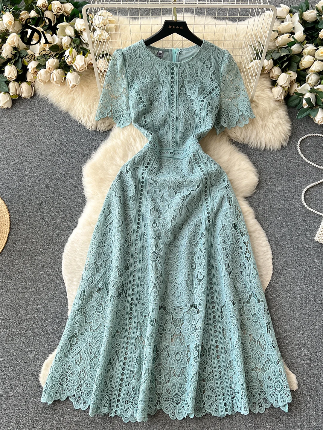 Huibahe French Vintage Casual Lace Dress O Neck Butterfly Sleeve Zipper Hook Flower Hollow Fashion Slim Embroidery Long Dress