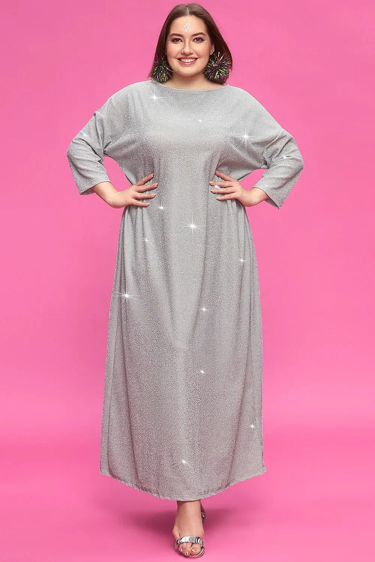 Xpluswear Design Plus Size Formal Elegant Silver Fall Winter Crew Neck 3/4 Sleeve Glitter Fabric Maxi Dresses