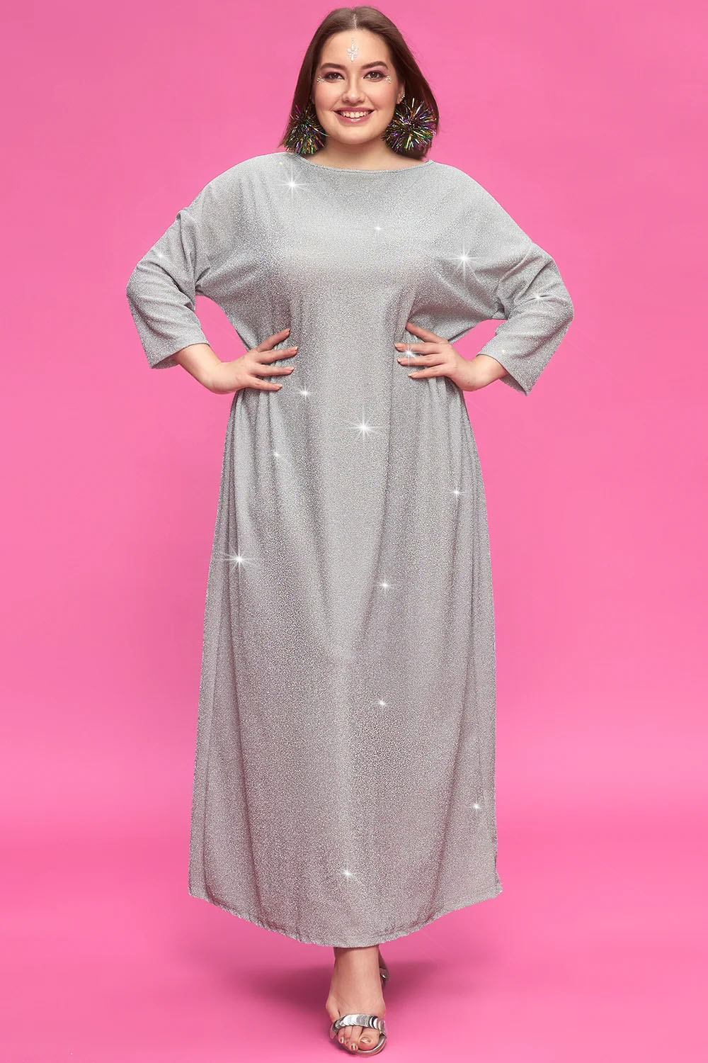 Design Plus Size Formal Elegant Silver Fall Winter Crew Neck 3/4 Sleeve Glitter Fabric Maxi Dresses