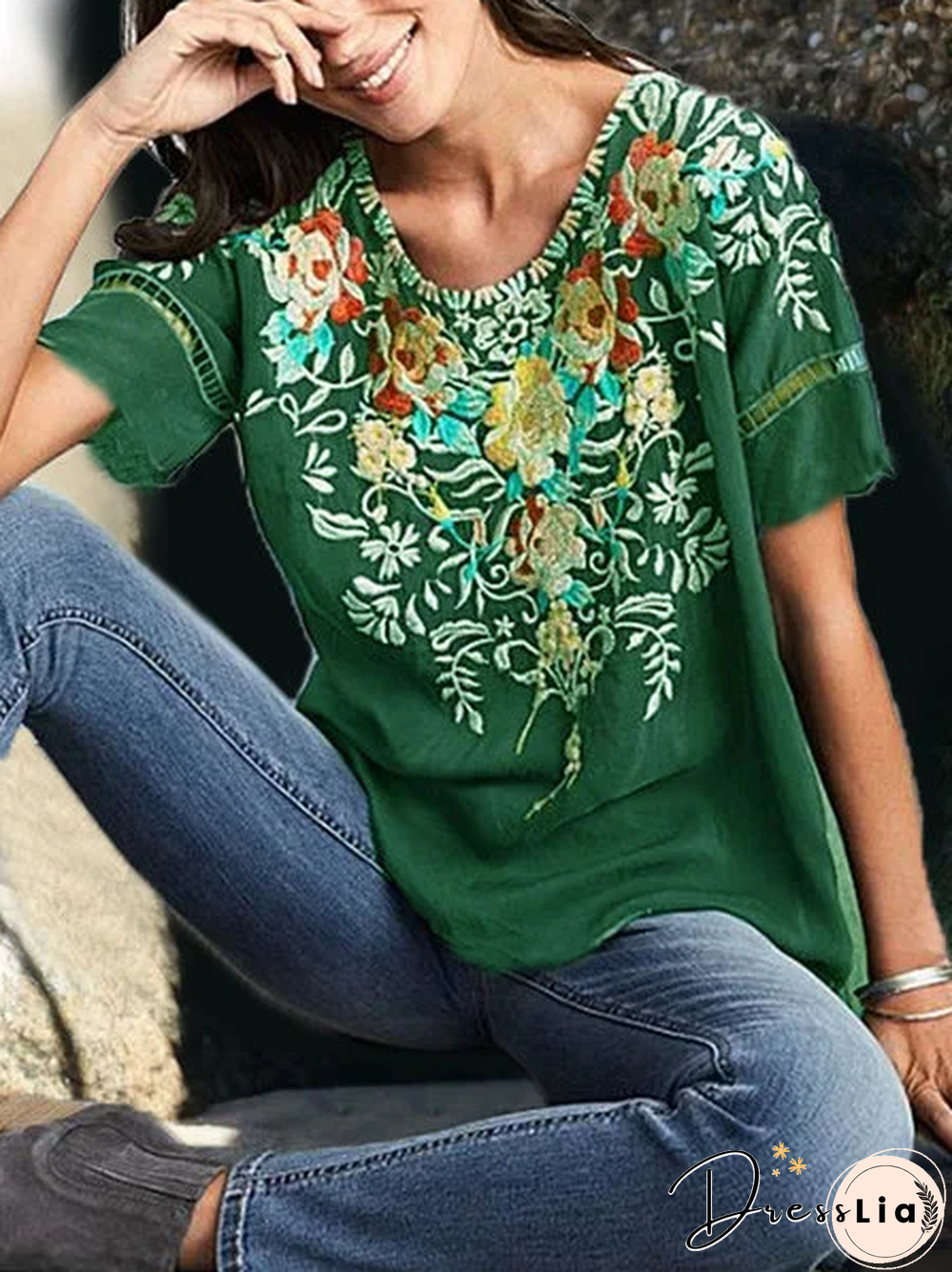 Round Neck Floral Casual Short Sleeve Summer T-shirt