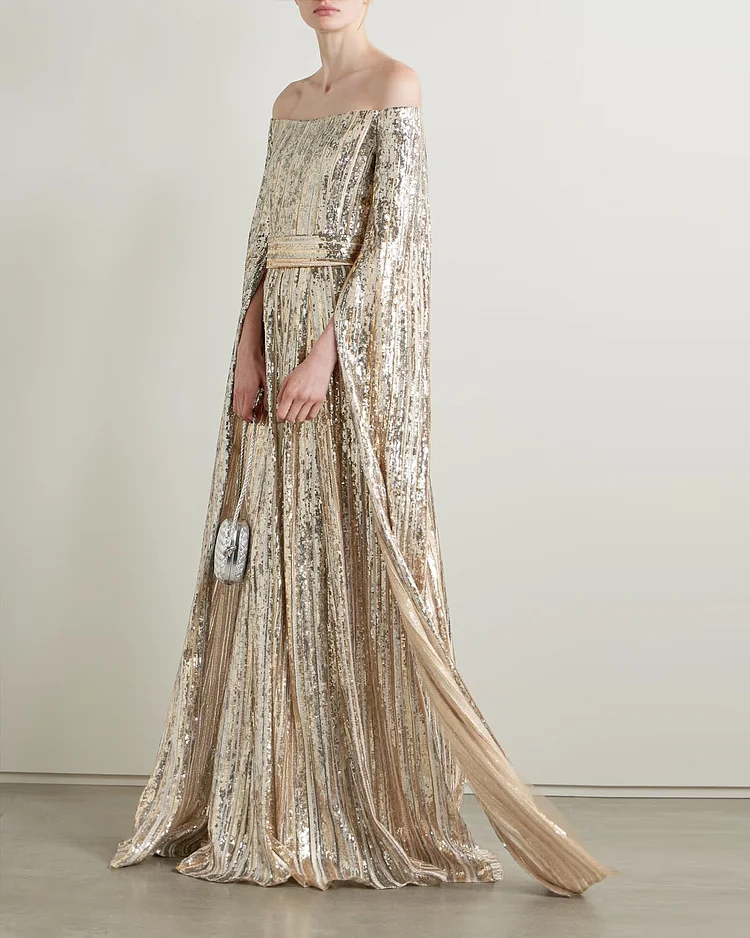 Off-the-shoulder cape-effect sequined tulle gown