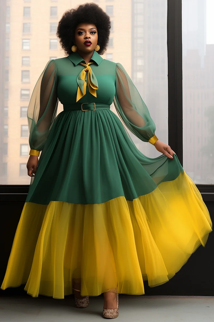 Xpluswear Design Plus Size Business Casual Green Colorblock Shirt Collar Lantern Sleeve Long Sleeve See Through Contrast Chiffon Maxi Dresses 2024 - Xpluswear