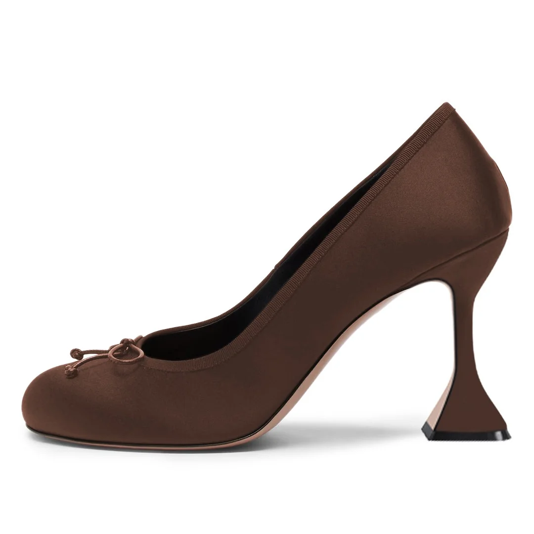 Classic Round Toe Front Bow Brown Heels Slip On Pumps for Women