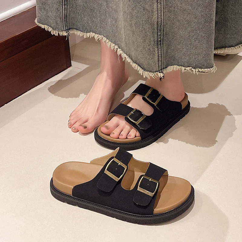 Yyvonne Shoes Casual One Word Slipper Women's Summer 2024 New Boken Wearing A Thick Belt Buckle Flat Half Slippers