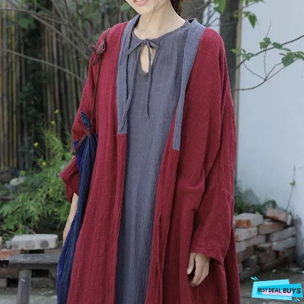 Women Vintage Cotton Linen Trench Patchwork New V-Neck Bat Sleeved Female Casual Trench Coats