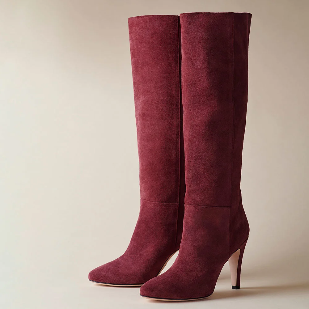Burgundy Vegan Suede Round Toe Chunky Heel Knee High Boots
