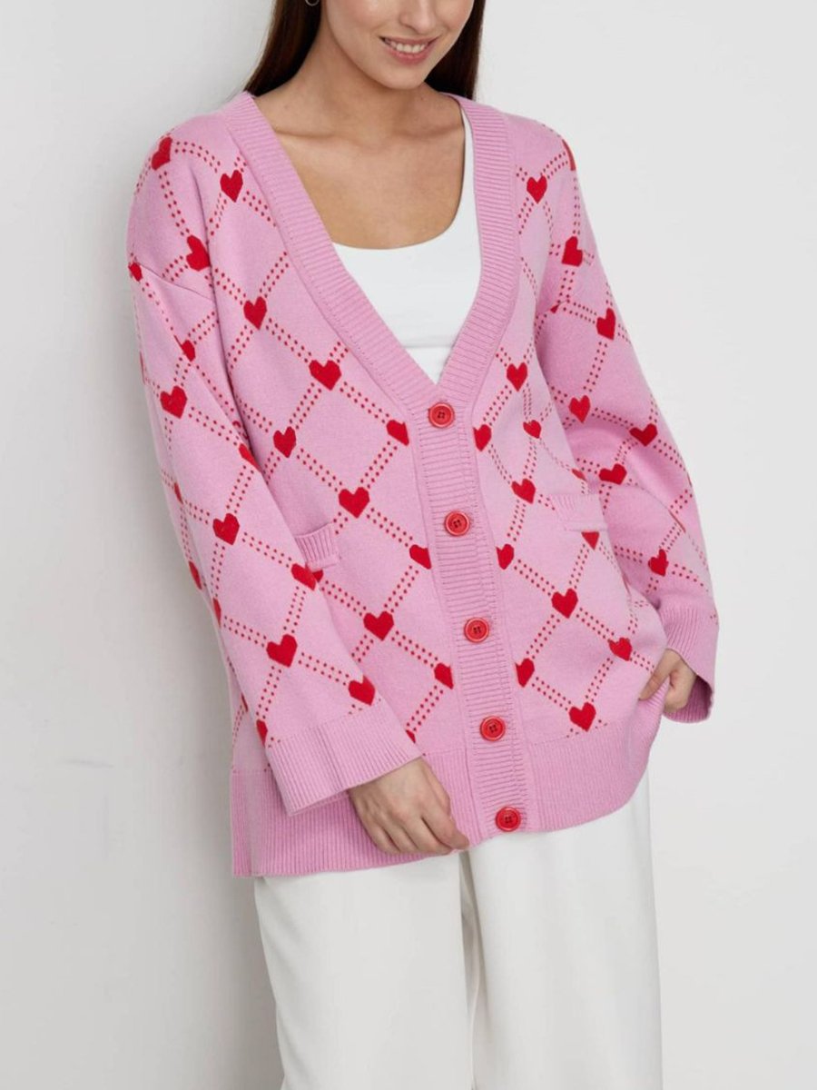 V Neck Heart Jacquard Sweater Cardigan