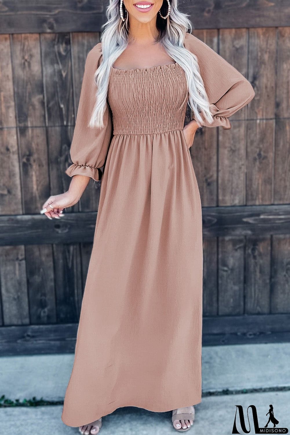 MidiSono - Khaki Smocked Ruffled Wrist Bubble Sleeve Maxi Dress