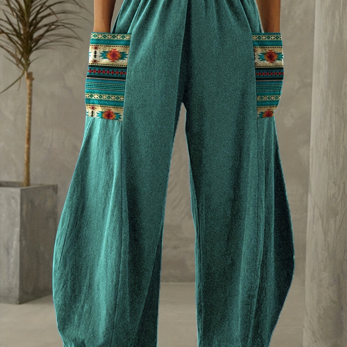 Boho Aztec Print High Waist Pants, Vintage Elastic Wide Leg Pants, Women's Clothing