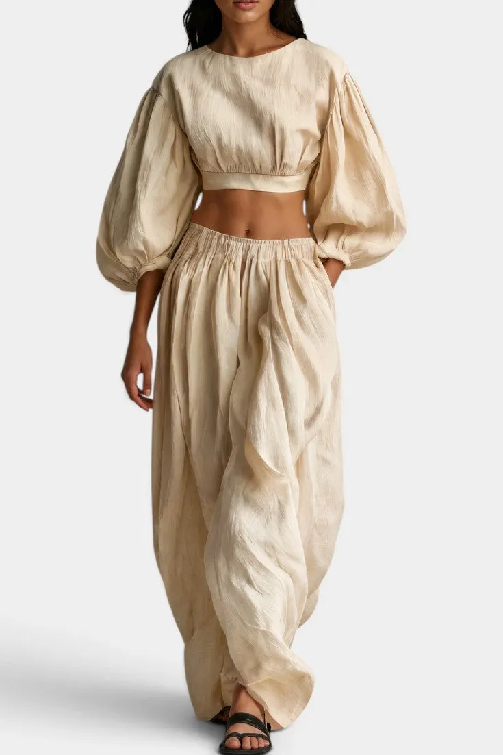 Puff Sleeve Crop Top with Flowing Wide-Leg Trousers Set
