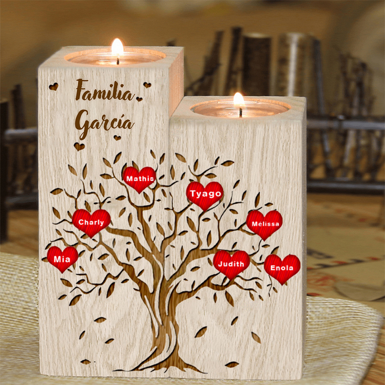 A Familia - Candelero de madera sin vela Árbol de la Vida Árbol Genealógico 7 nombres y 1 texto personalizados