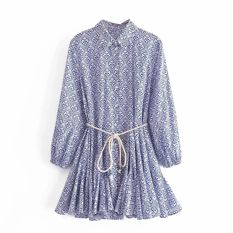 Summer Dress For Women Vintage Print Sundresses With Belt Mini Long Sleeve Shirt Dress Robe Femme Short Vestido Mujer 2021 New