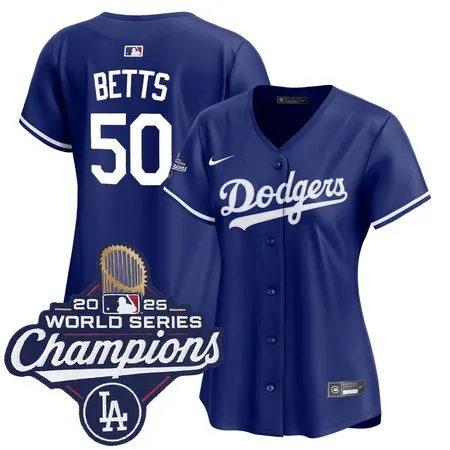 Women's Los Angeles Dodgers #50 Mookie Betts  Royal 2025 World Series Champions Home Replica Jersey