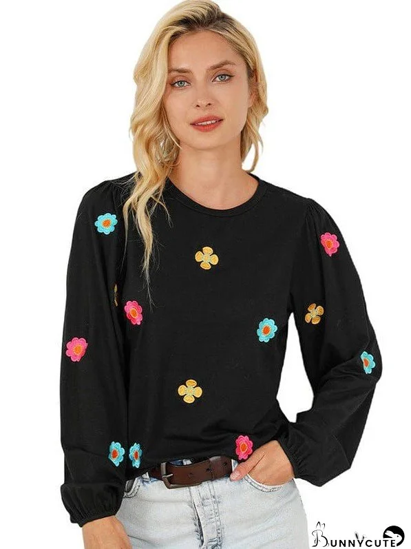 Floral Embroidery Long Sleeve Women'S Pullover Casual T-Shirt With Round Neck