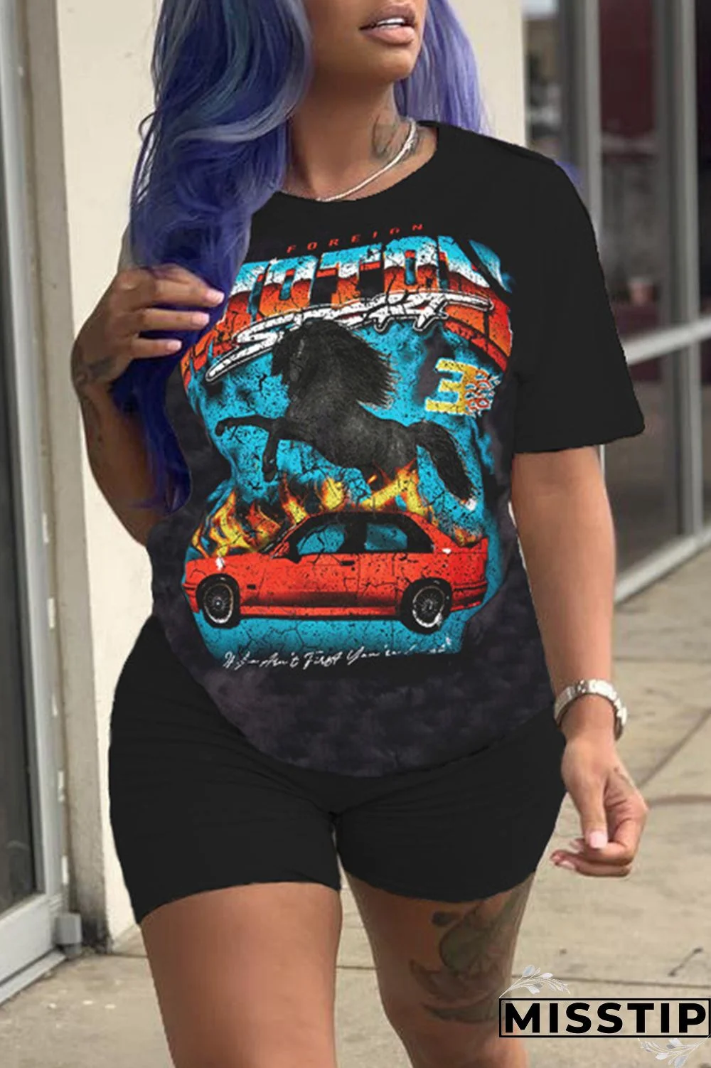 Black Purple Casual Print Basic O Neck Short Sleeve Two Pieces