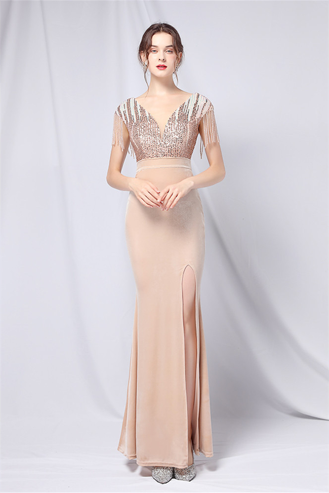 Luluslly V-Neck Cap Sleeves Evening Dress Mermaid Sequins Tassels Long With Slit YE0065